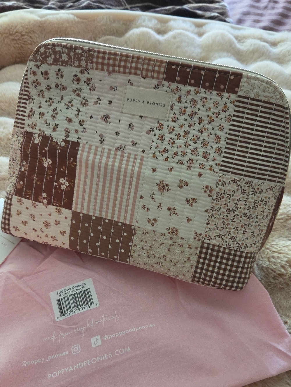 Poppy & Peonies Quilted Patchwork Fold Over Cosmetic Pouch in Brown and Cream